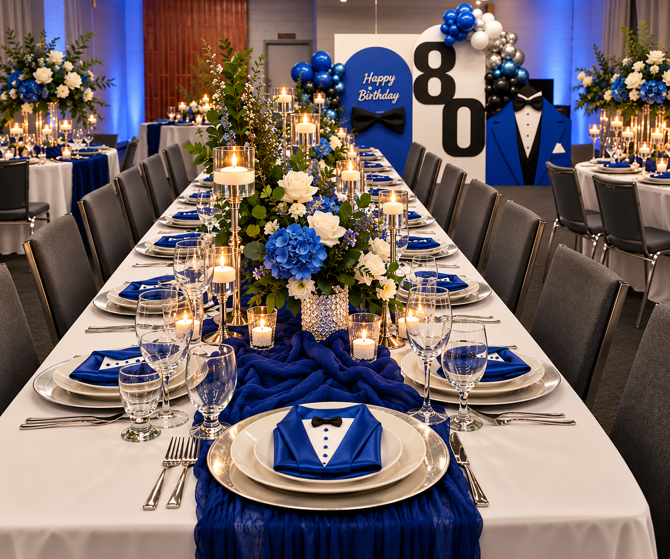 A long banquet table set for a birthday celebration, featuring white tablecloths, blue and white floral centerpieces, blue napkins folded like tuxedo shirts, silverware, and blue draped fabric runners. Background decorations include a 'Happy Birthday 80' sign and tuxedo-themed decor.