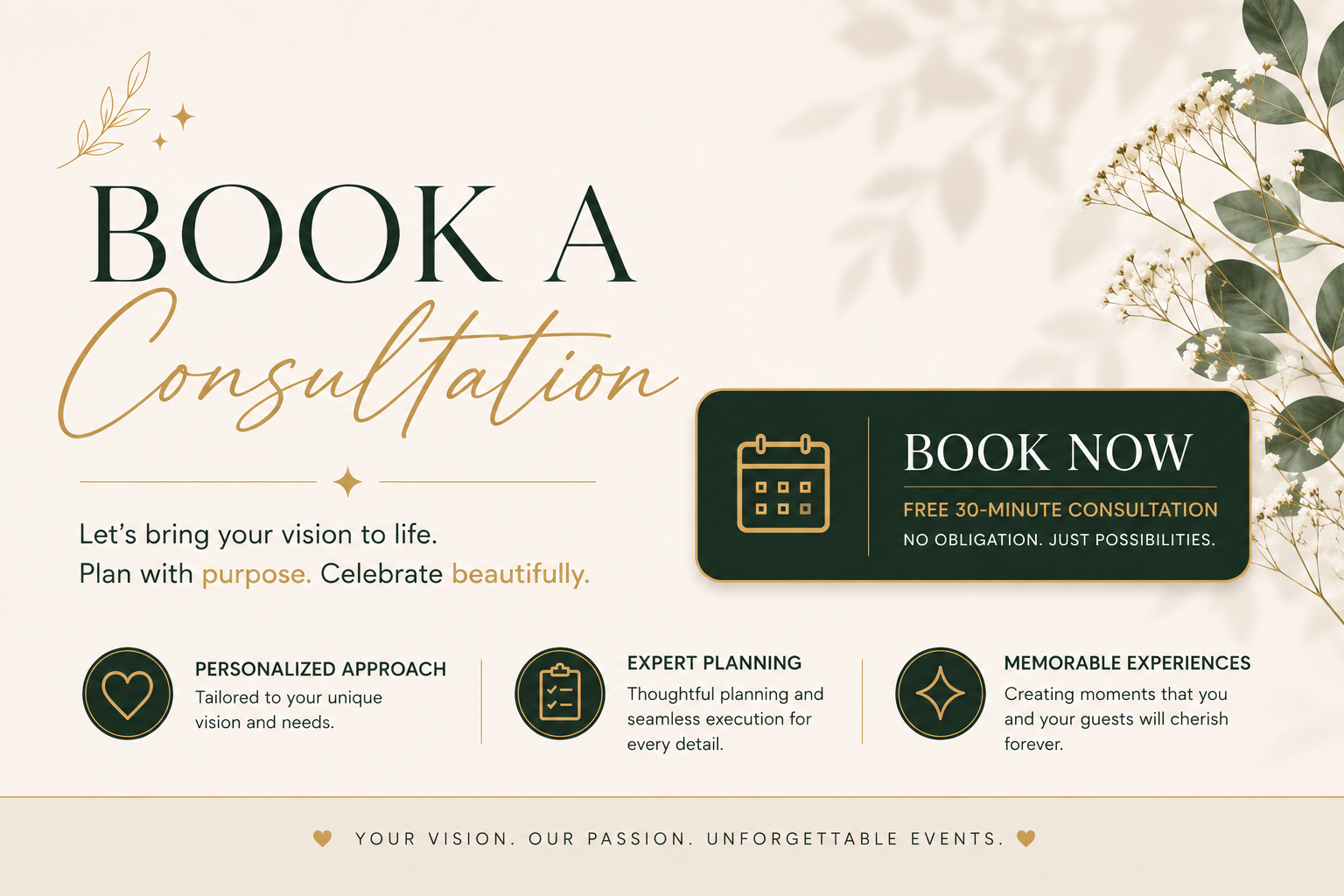 Promotional graphic for booking a consultation with event planning services, featuring text and decorative elements.