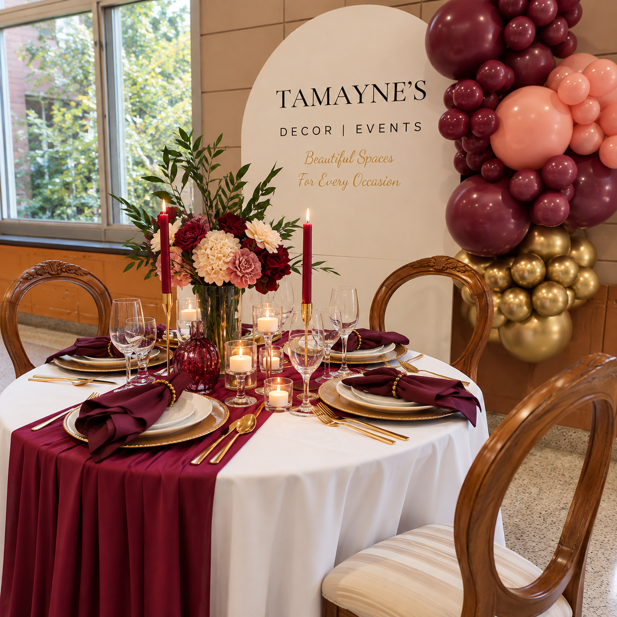 A styled event table setup with a white tablecloth, deep burgundy runner and napkins, gold flatware, glassware, and a floral centerpiece. A large backdrop reads 'TAMAYNE'S DECOR | EVENTS,' and a balloon garland in burgundy, blush pink, and metallic gold balloons is visible on the right.