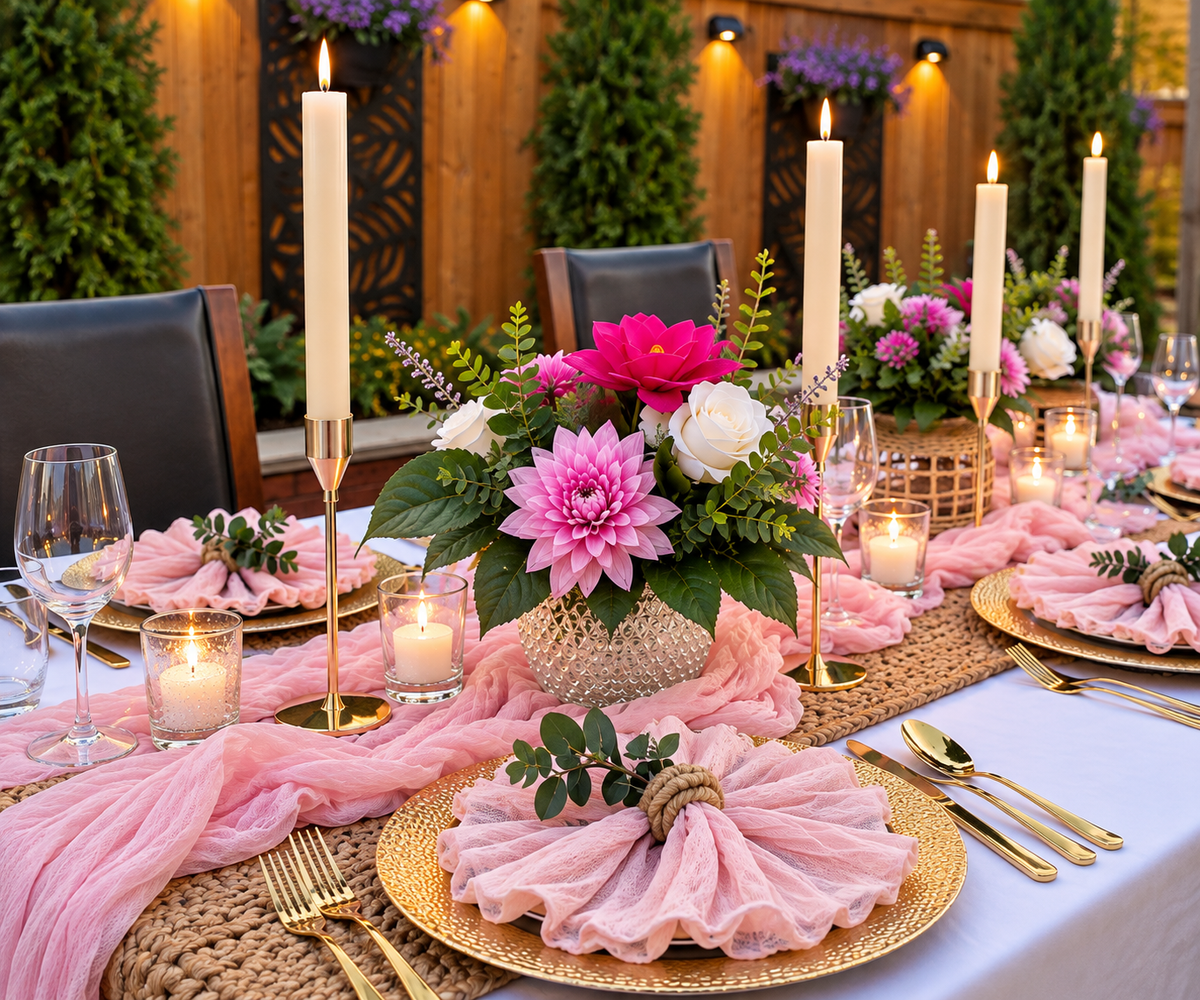 A beautifully styled outdoor dining table decorated with pink and white floral centerpieces, tall cream taper candles in gold holders, pink draped fabric, woven placemats, gold flatware, and clear wine glasses.