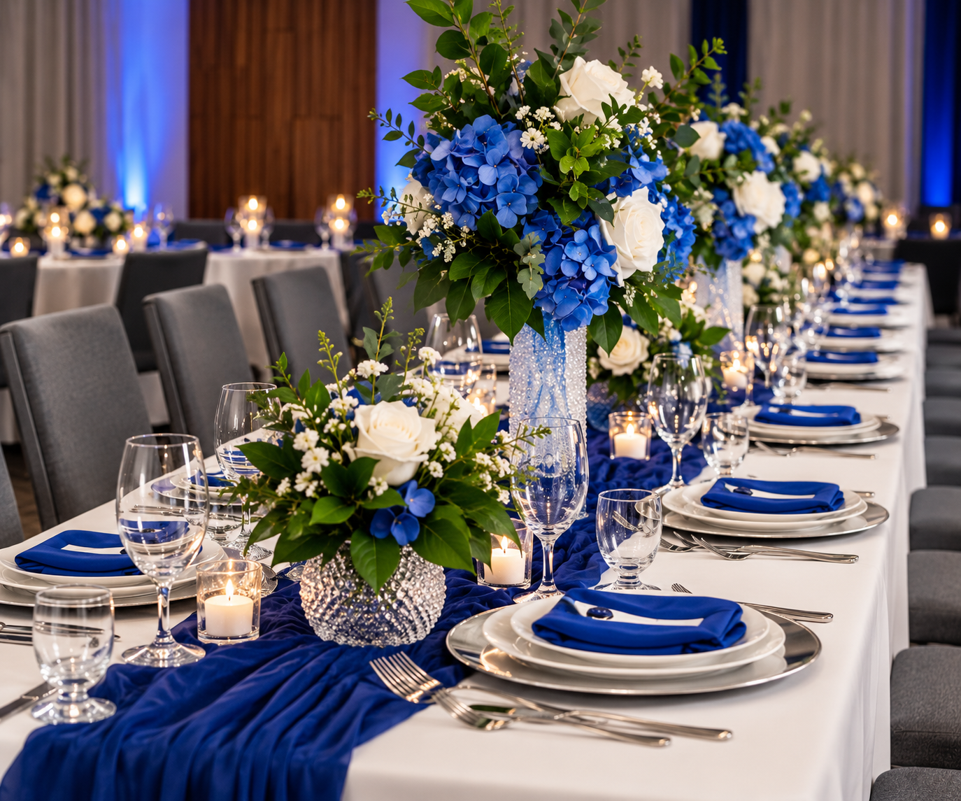 A long banquet table set for guests with white tablecloths, blue napkins, layered white plates, clear wine glasses, and floral centerpieces featuring blue hydrangeas, white roses, and green foliage.