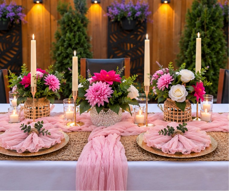 A styled dining table setup with pink draped linens, woven placemats, lit taper candles, and floral centerpieces in pink, white, and green, set against a wooden wall with hanging greenery.