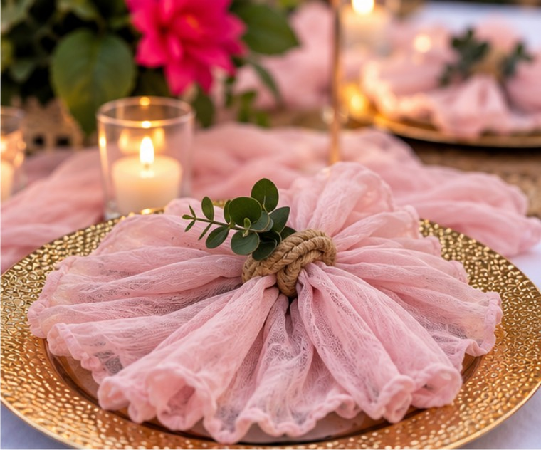 A pink tulle napkin tied with a rope and green eucalyptus sprig, arranged on a gold charger plate in a styled table setting with candles and flowers.