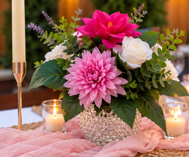A floral centerpiece arrangement in a clear beaded glass bowl, featuring a large pink dahlia, a bright pink artificial flower, white roses, and green foliage, styled on a table with pink fabric and lit candles.
