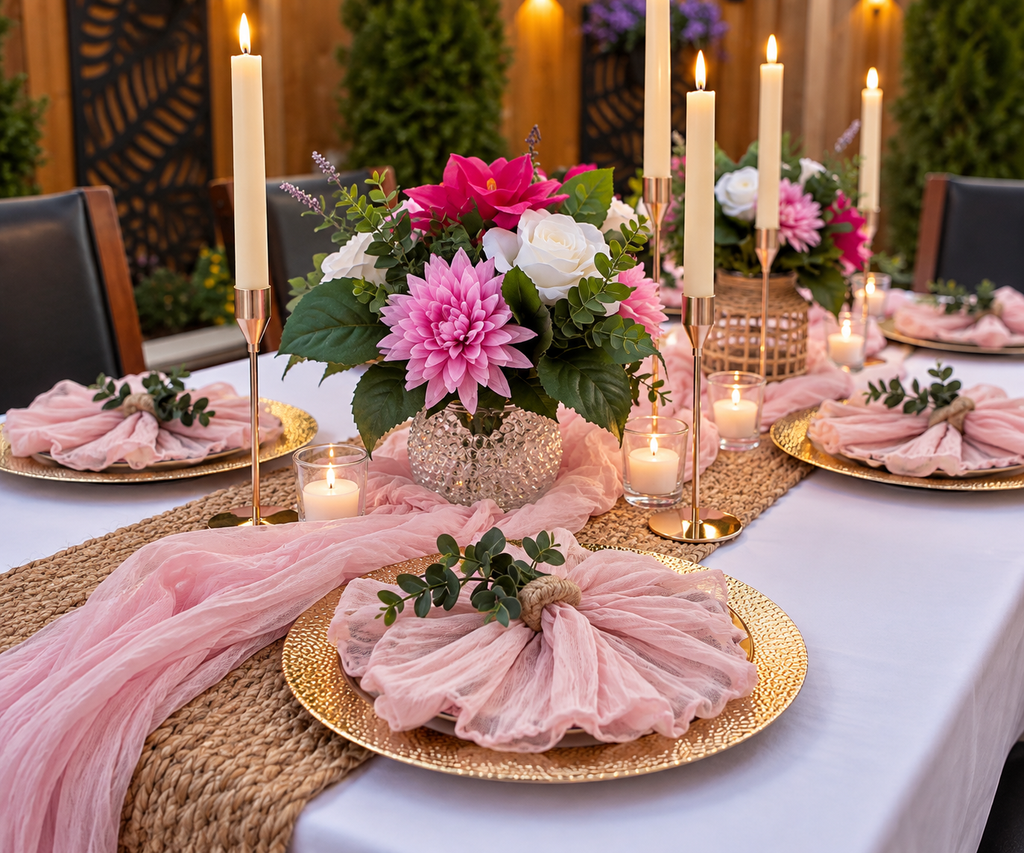 A styled dining table setting with pink draped napkins on gold plates, a woven table runner, lit taper candles, and floral centerpieces in pink, white, and green.
