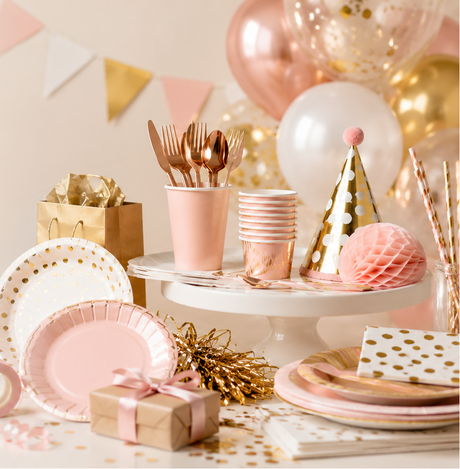 Party supplies including plates, balloons, and decorations on a table with text 'Everything you need to celebrate beautifully'.