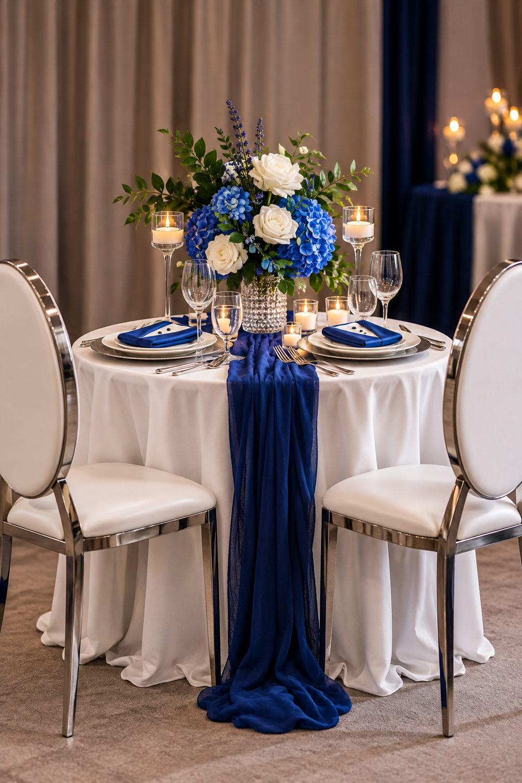 A styled round wedding table with a white tablecloth, two white chairs with chrome frames, a blue floral centerpiece, blue napkins, and a dark blue fabric runner draped over the front of the table.