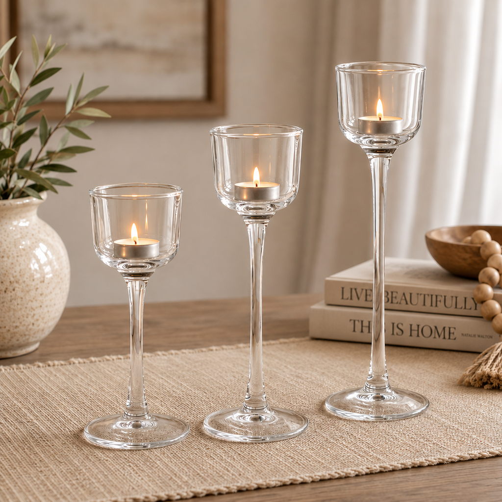 Three clear glass candle holders with stems and round bases, each holding a lit tea light candle, arranged on a woven placemat on a wooden table with books and a vase in the background.